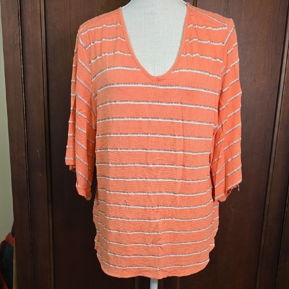 Studio JPR Orange Striped V Neck Back Ring Detail 3/4 Sleeve Top Women's L - Picture 2 of 6